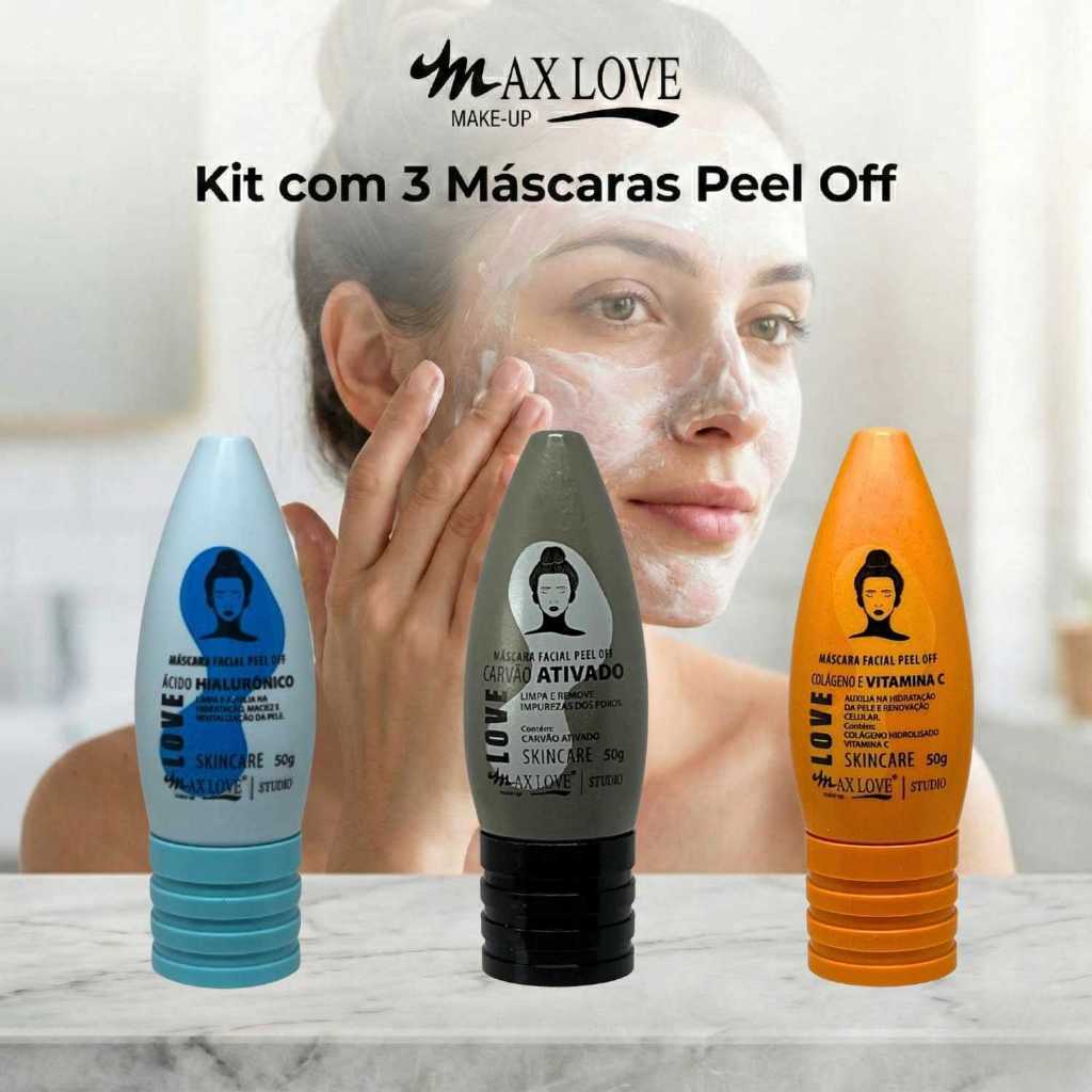 Kit com 3 Máscaras Peel Off - Ácido Hialurônico, Carvão Ativado, Vitamina C Max Love
