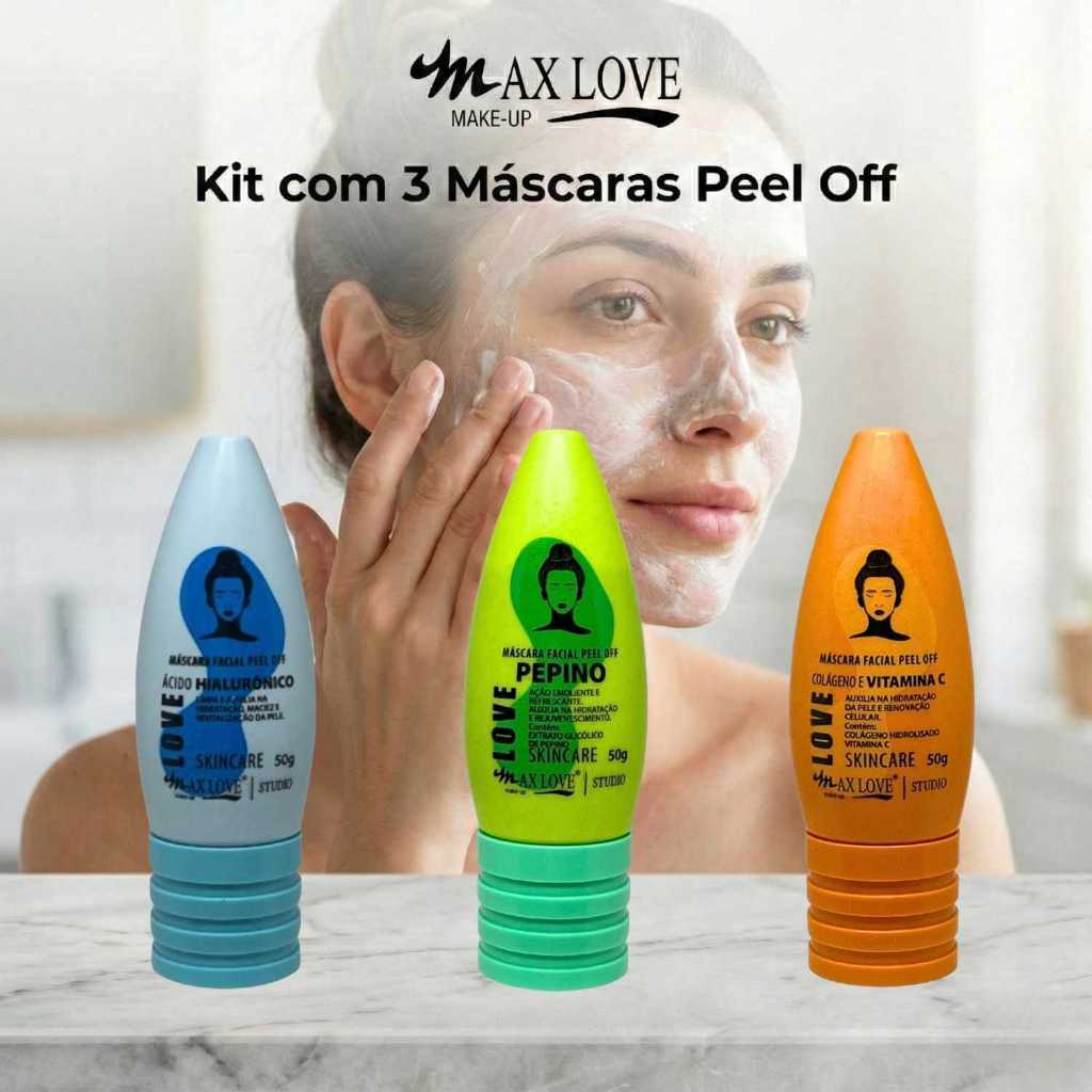 Kit com 3 Máscaras Peel Off - Ácido Hialurônico, Pepino, Vitamina C Max Love
