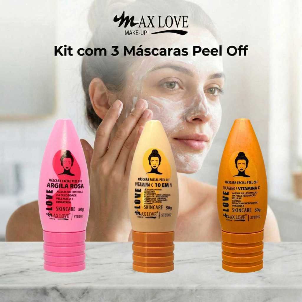 Kit com 3 Máscaras Peel Off - Argila Rosa, Vitamina C 10em1, Vitamina C Max Love