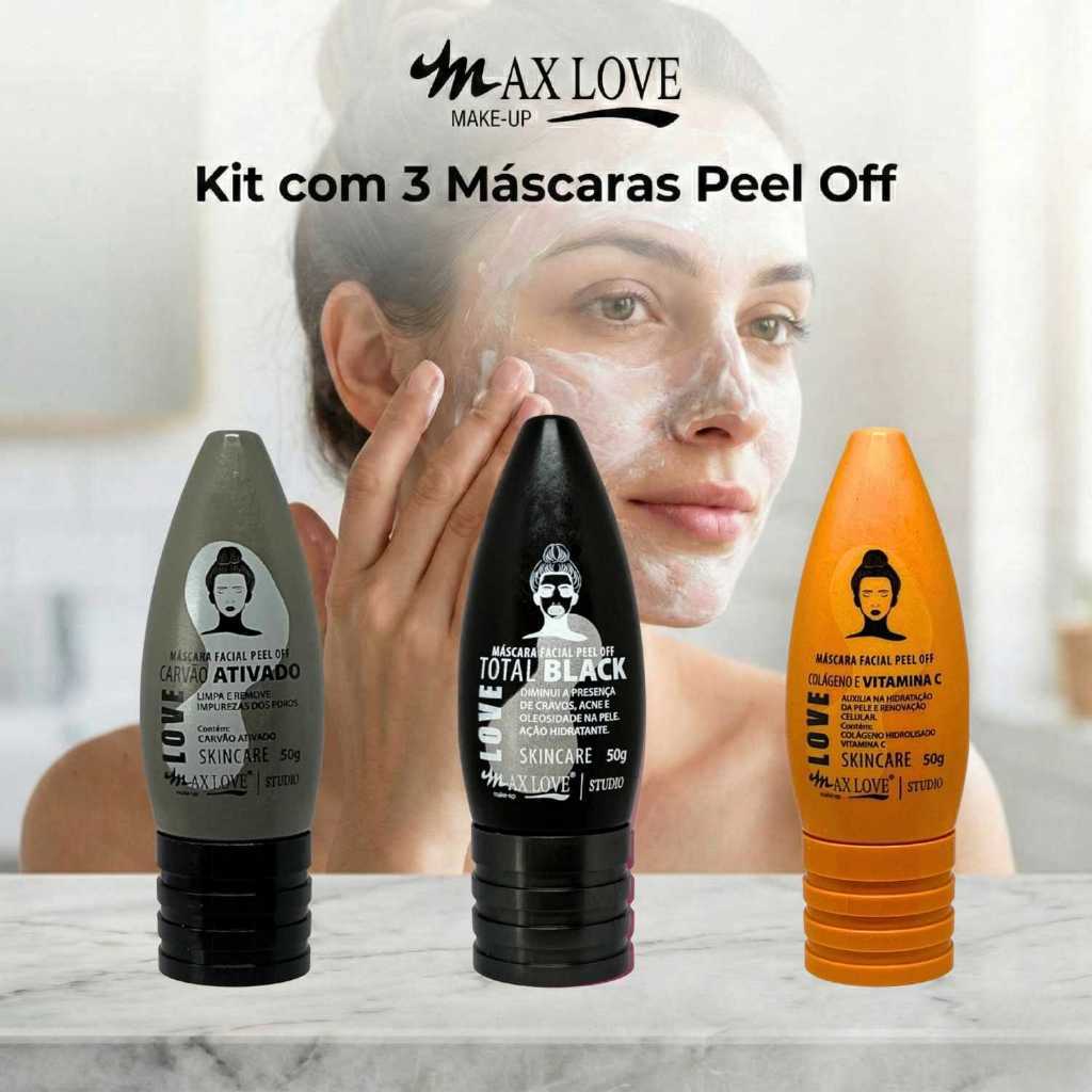 Kit com 3 Máscaras Peel Off - Carvão Ativado, Total Black, Vitamina C Max Love