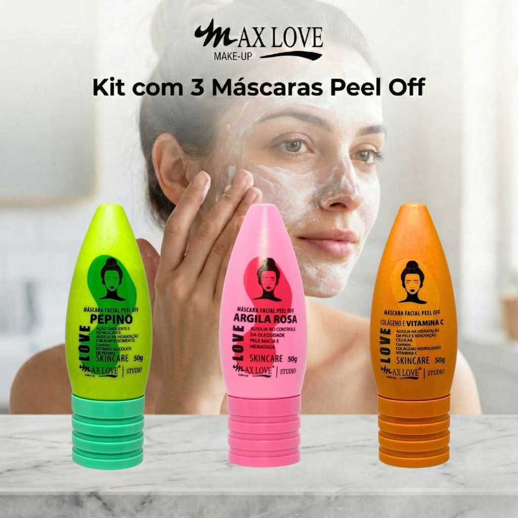 Kit com 3 Máscaras Peel Off - Pepino, Vitamina C, Argila Rosa Max Love
