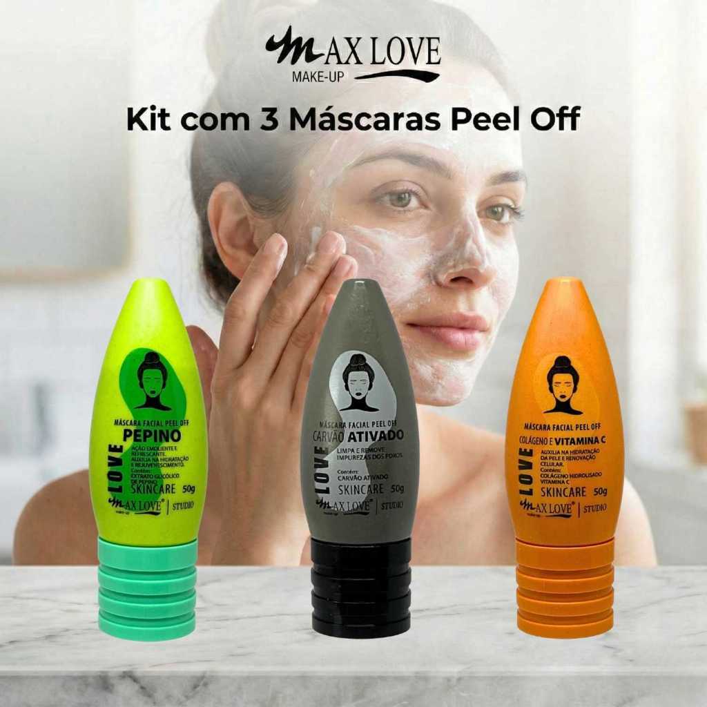 Kit com 3 Máscaras Peel Off - Pepino, Carvão Ativado, Vitamina C Max Love