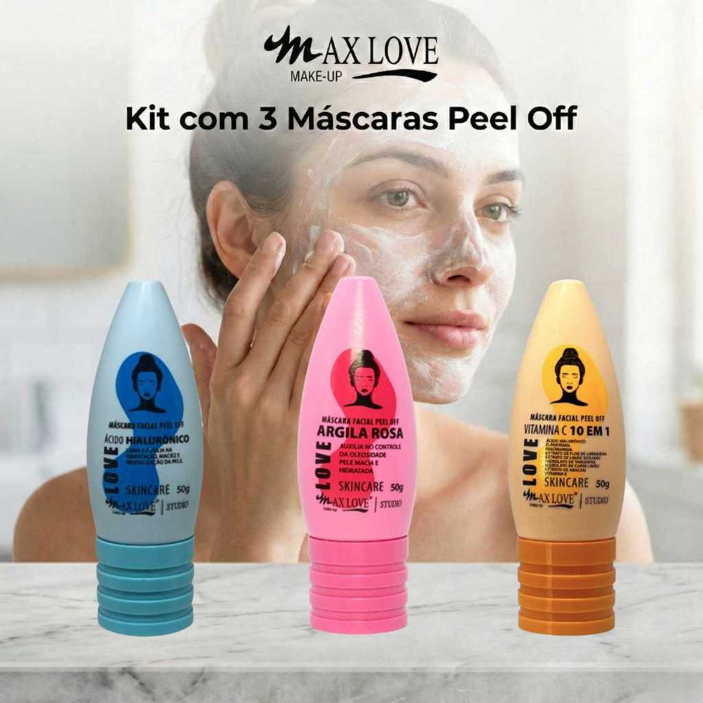 Kit com 3 Máscaras Peel Off - Ácido Hialurônico, Vitamina C 10em1, Argila Rosa Max Love
