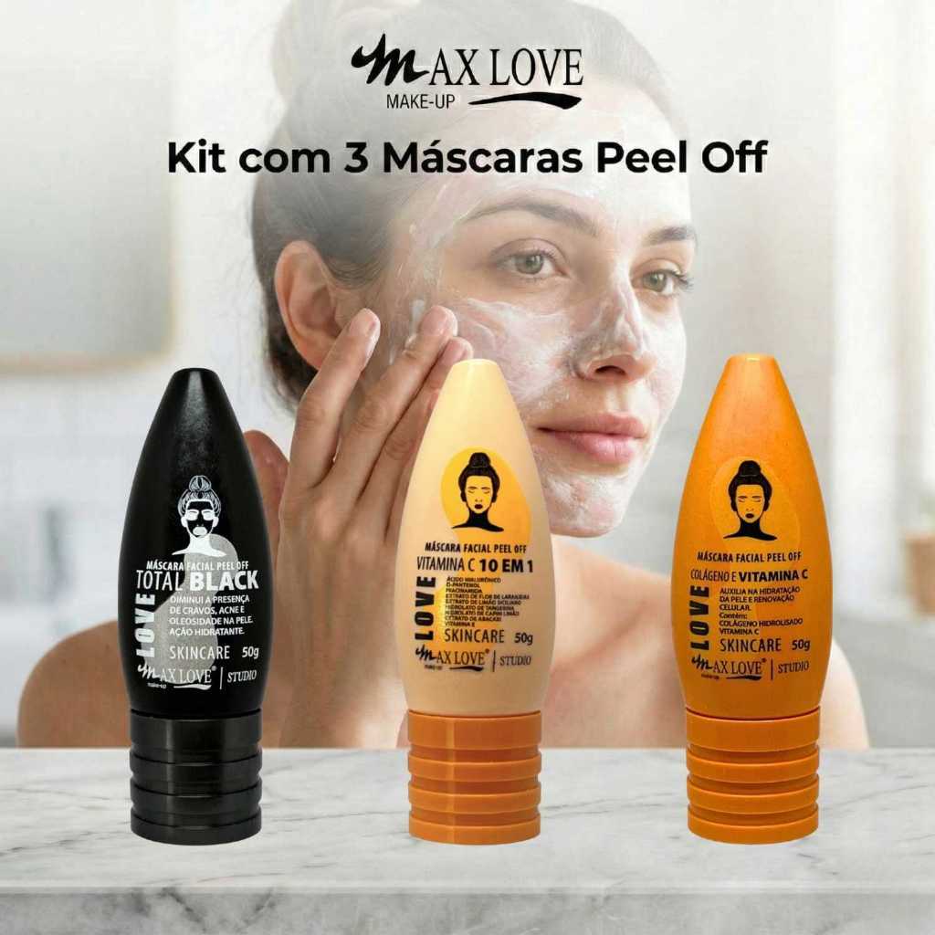 Kit com 3 Máscaras Peel Off - Total Black, Vitamina C 10em1, Vitamina C Max Love