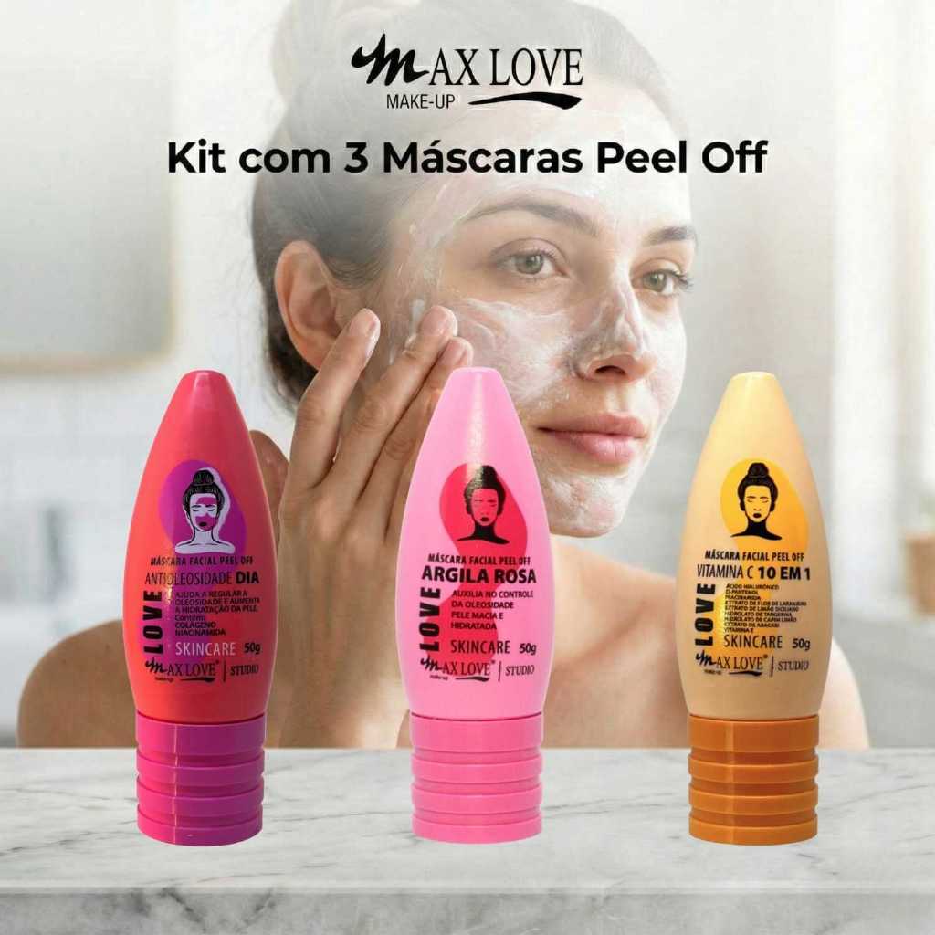 Kit com 3 Máscaras Peel Off - AntiOleosidade Dia, Vitamina C 10em1, Argila Rosa Max Love