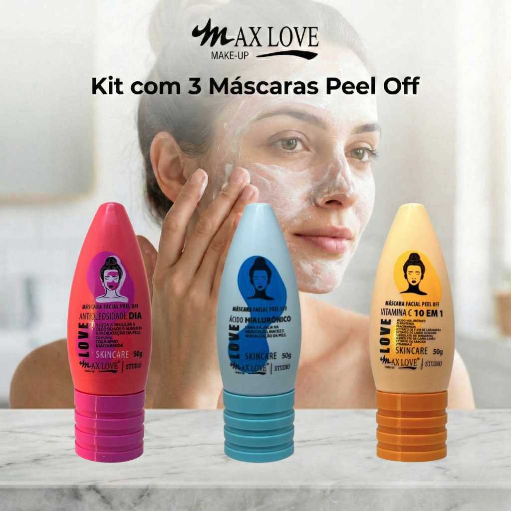 Kit com 3 Máscaras Peel Off - AntiOleosidade Dia, Ácido Hialurônico, Vitamina C 10em1 Max Love