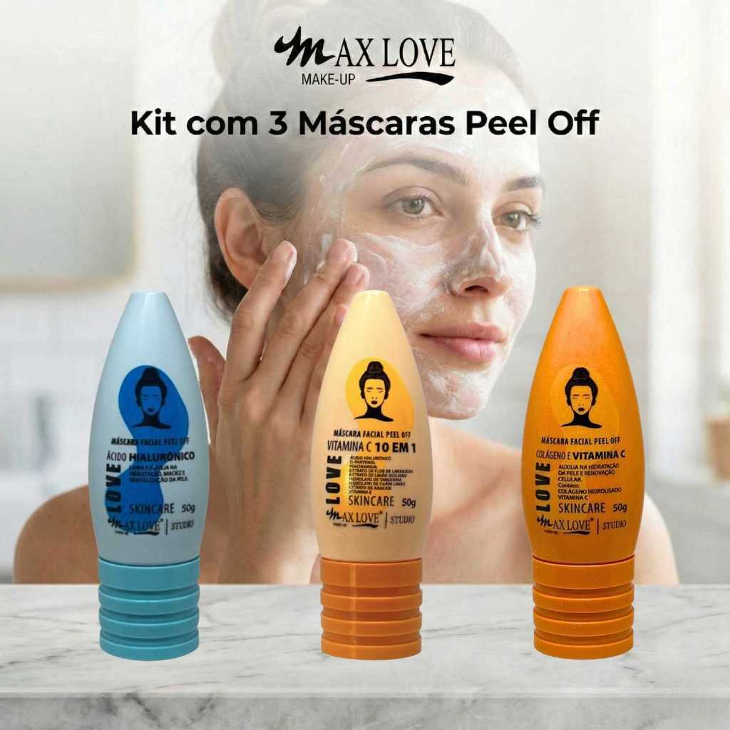 Kit com 3 Máscaras Peel Off - Ácido Hialurônico, Vitamina C 10em1, Vitamina C Max Love