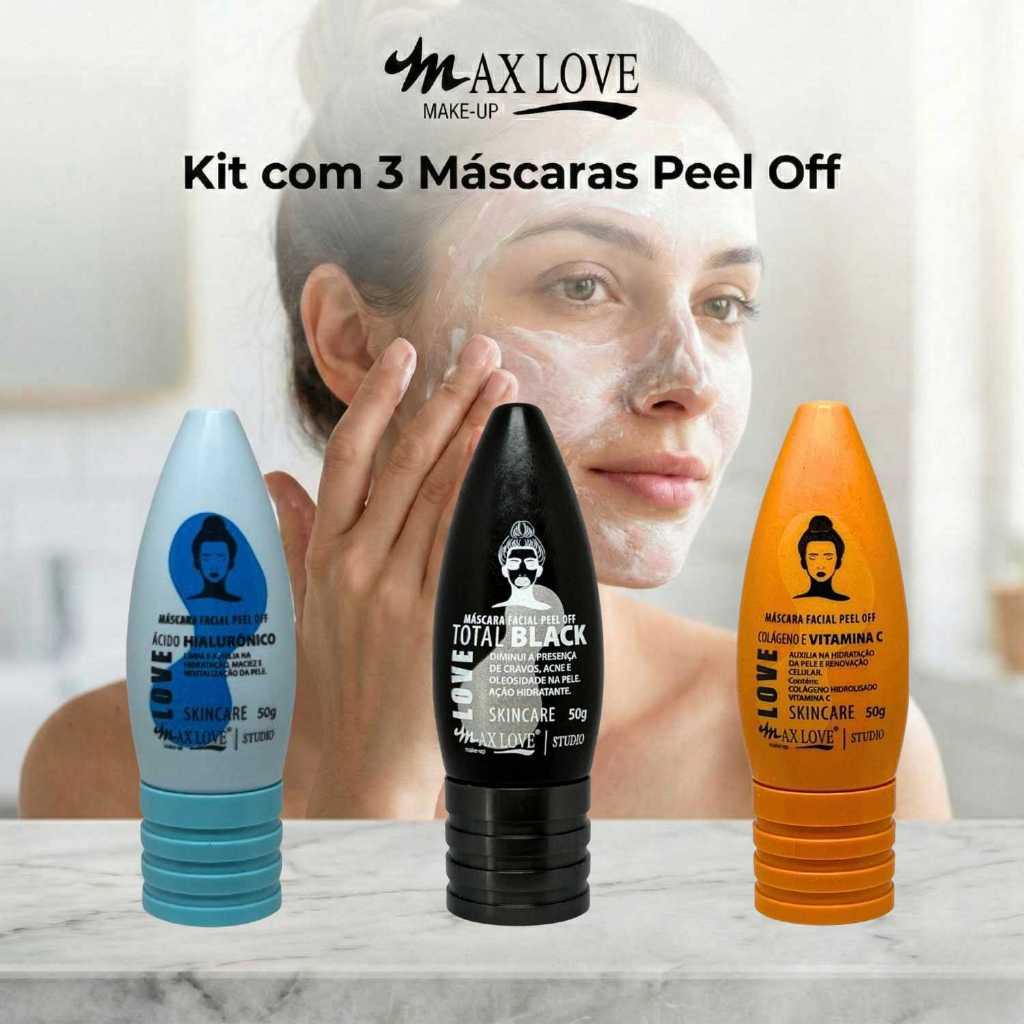 Kit com 3 Máscaras Peel Off - Ácido Hialurônico, Total Black, Vitamina C Max Love
