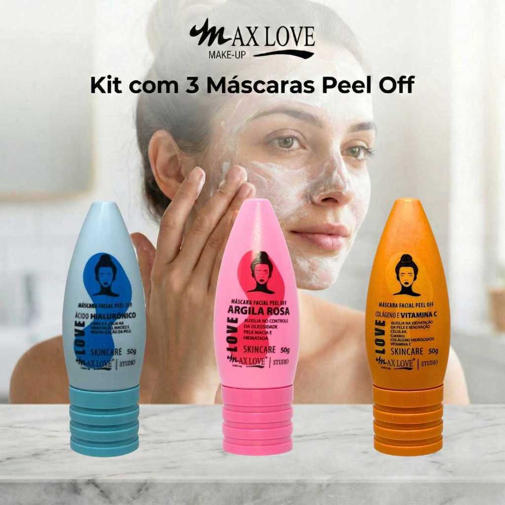 Kit com 3 Máscaras Peel Off - Ácido Hialurônico, Vitamina C, Argila Rosa Max Love