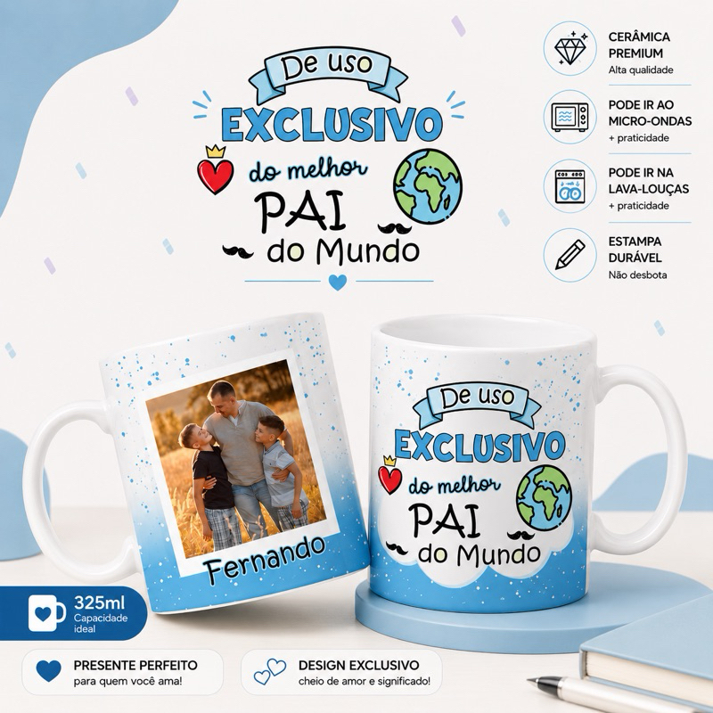 Caneca Personalizada Dia dos Pais com Foto e Nome | Exclusivo do Melhor Pai do Mundo | 325ml