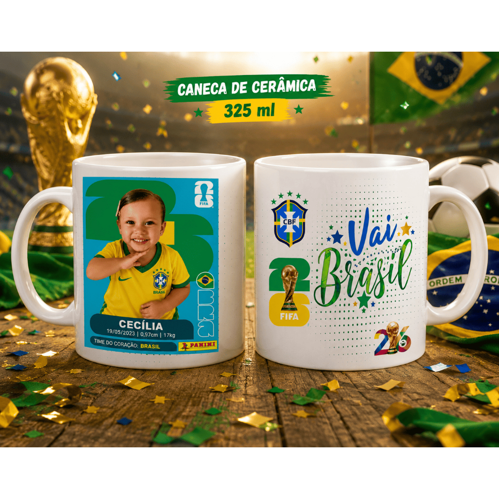 Caneca Figurinha Personalizada Copa do Mundo 325ml com Foto e Nome