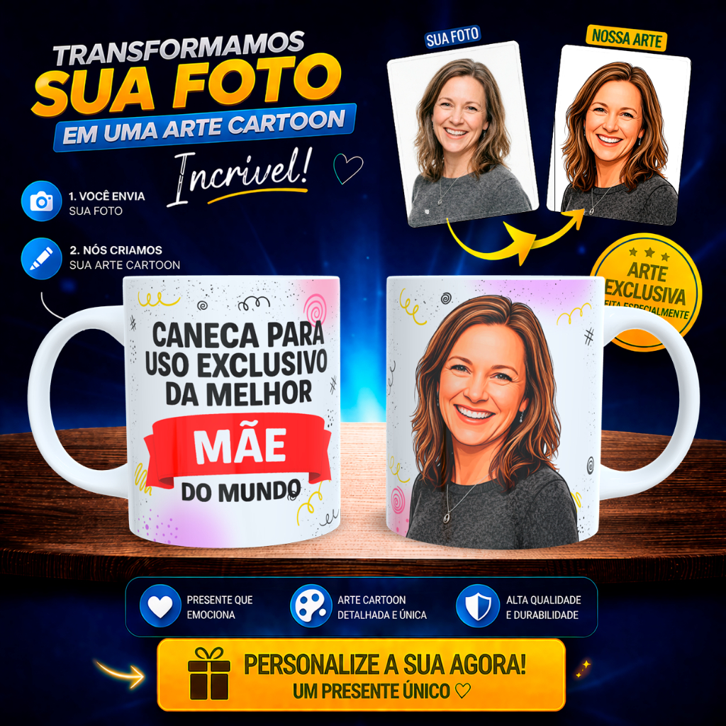 Caneca Personalizada com Foto Cartoon | Presente Criativo Mãe | Arte Exclusiva em Caneca 325ml
