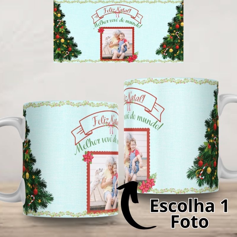 Caneca Personalizada Feliz Natal melhor vovó do mundo com sua Foto 325ml Presente Lembrança Confraternização Xícara