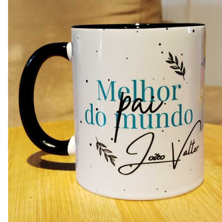 Caneca MELHOR PAI DO MUNDO + NOME + FOTO (caneca de cerâmica branca com interior e alça preta) 325ml
