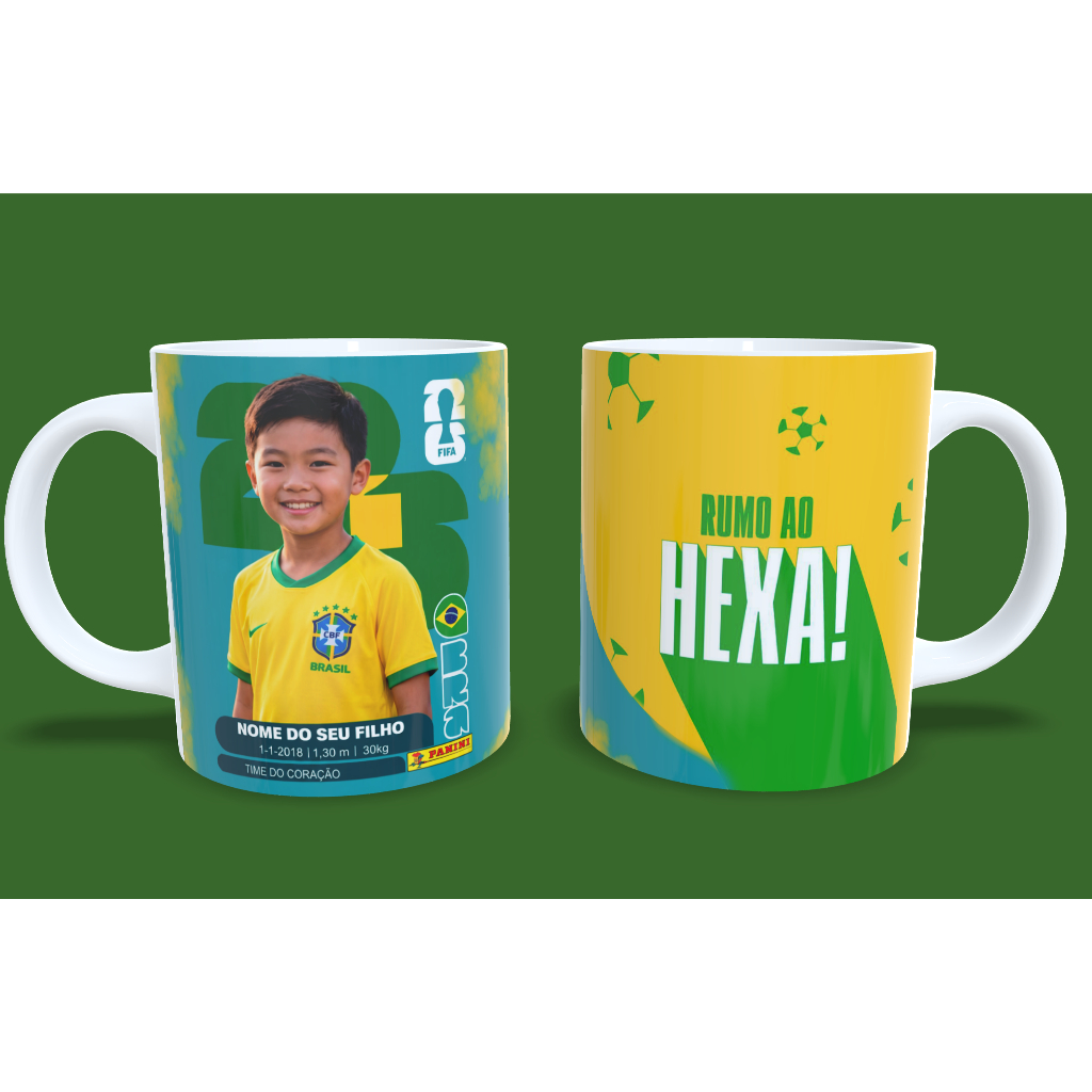Caneca de Porcelana Personalizada com Foto (Copa do Mundo) 325ML + 3Kits Figurinhas (Àlbum)