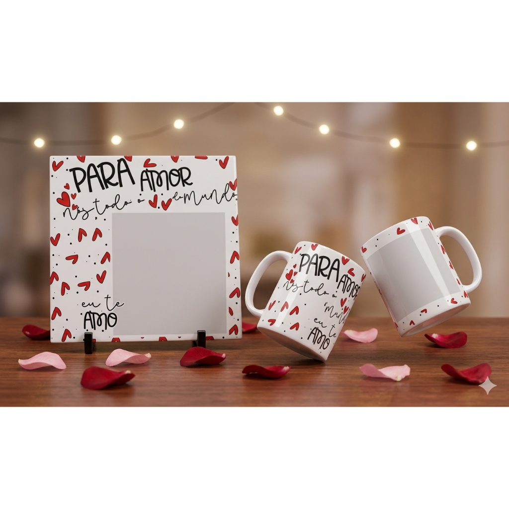 KIT CANECA 325ML E AZULEJO 20CM PERSONALIZADO COM FOTO DIA DOS NAMORADOS PARA NÓS TODO O AMOR DO MUNDO EU TE AMO