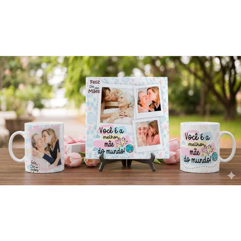 KIT CANECA 325ML E AZULEJO 20CM PERSONALIZADO DIA DAS MÃES COM FOTO MELHOR MÃE DO MUNDO 3