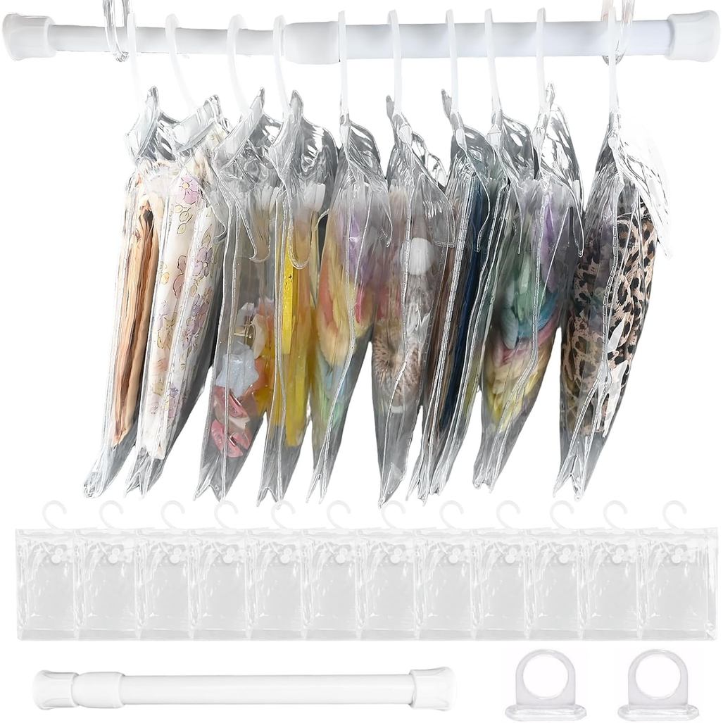 12 Pack Clear Doll Clothes Storage Bags with Hanging Rod & Hooks, PVC Transparent Doll Clothes and Accessories Organizer