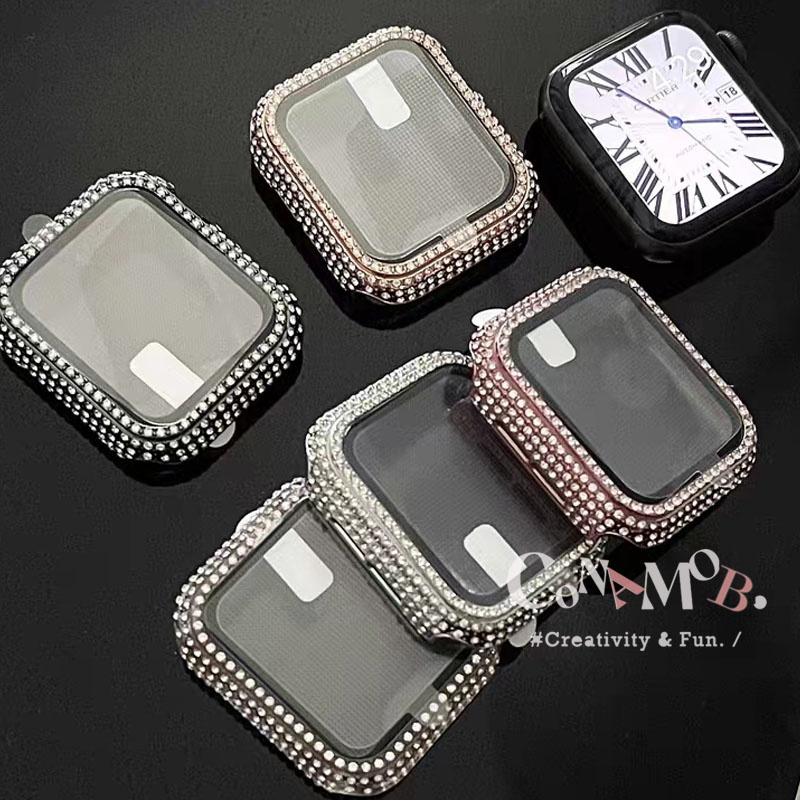 Capa De Diamante Completa 2 Em 1 Para Apple watch 46mm 41mm 45mm 44mm 42mm 40mm 38mm Vidro Temperado + Cobertura Total i