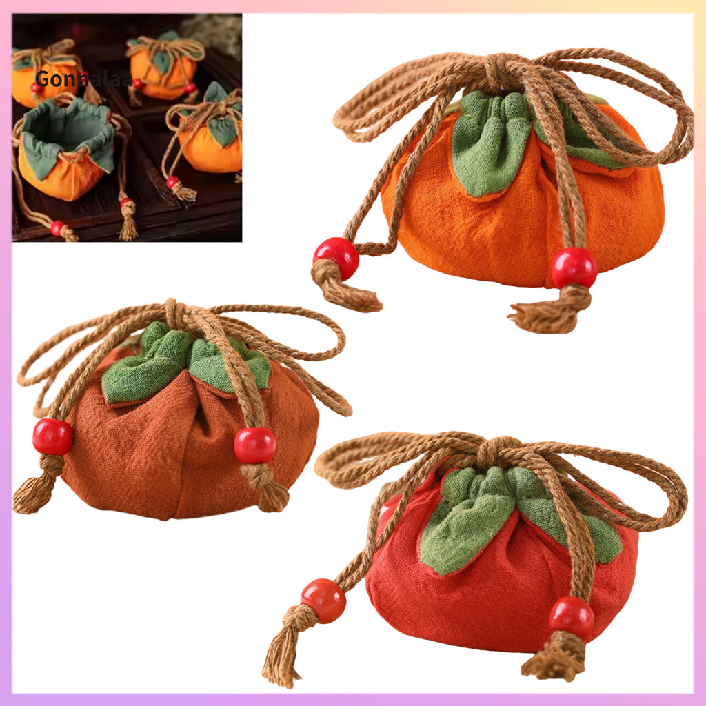 Small Persimmon Coin Purse Mini Drawstring Cotton Linen Wallet Cute Fruit Design Change Pouch Gift for Girls Women – L
