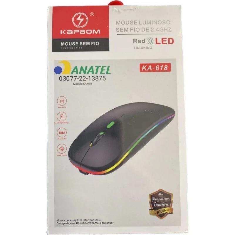 Mouse Silencioso Sem Fio Recarregável Luminoso Led RGB Kapbom KA-618