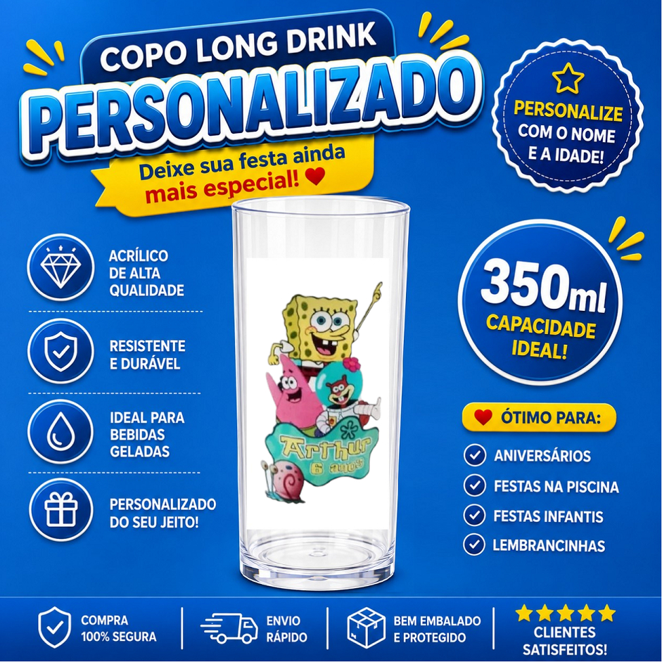 Copos Long Drink 350ml Personalizado Bob Esponja