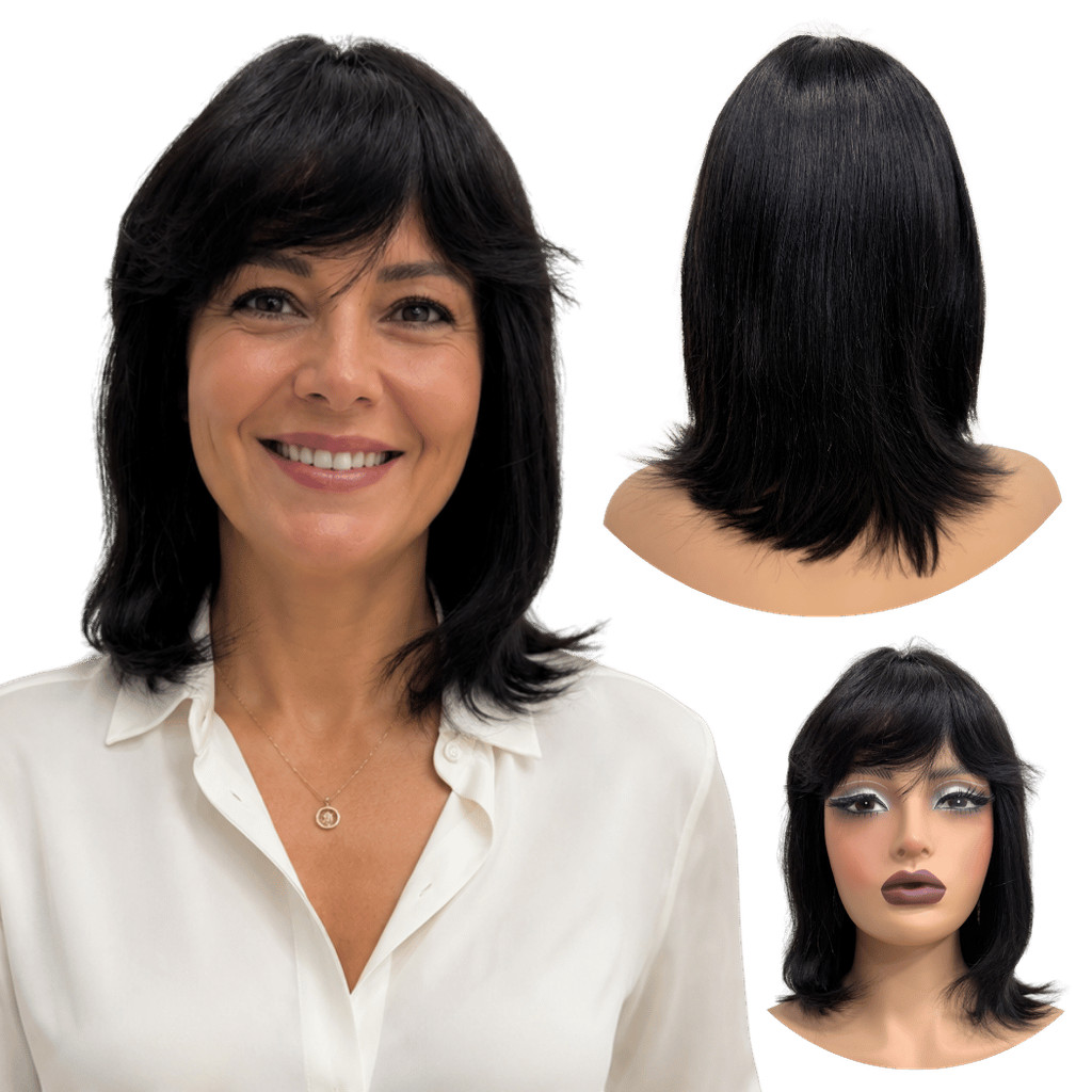 Peruca lisa preta curta com franja long bob shaggy 30cm