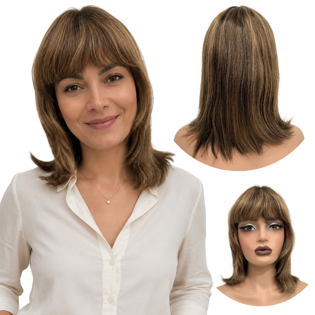 Peruca lisa loira curta com franja long bob shaggy 30cm
