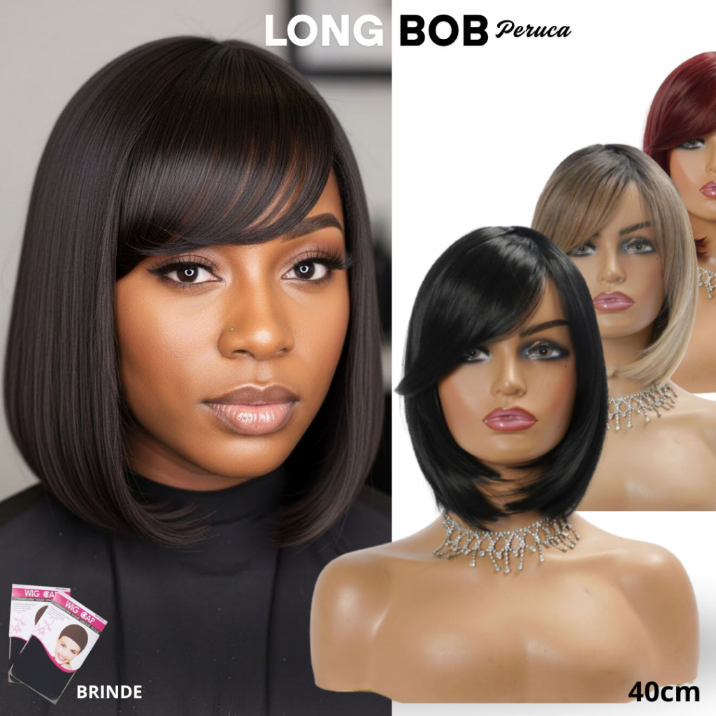 Peruca Orgânica Lisa 40cm 250gr Long Bob Curta Fibra Premium