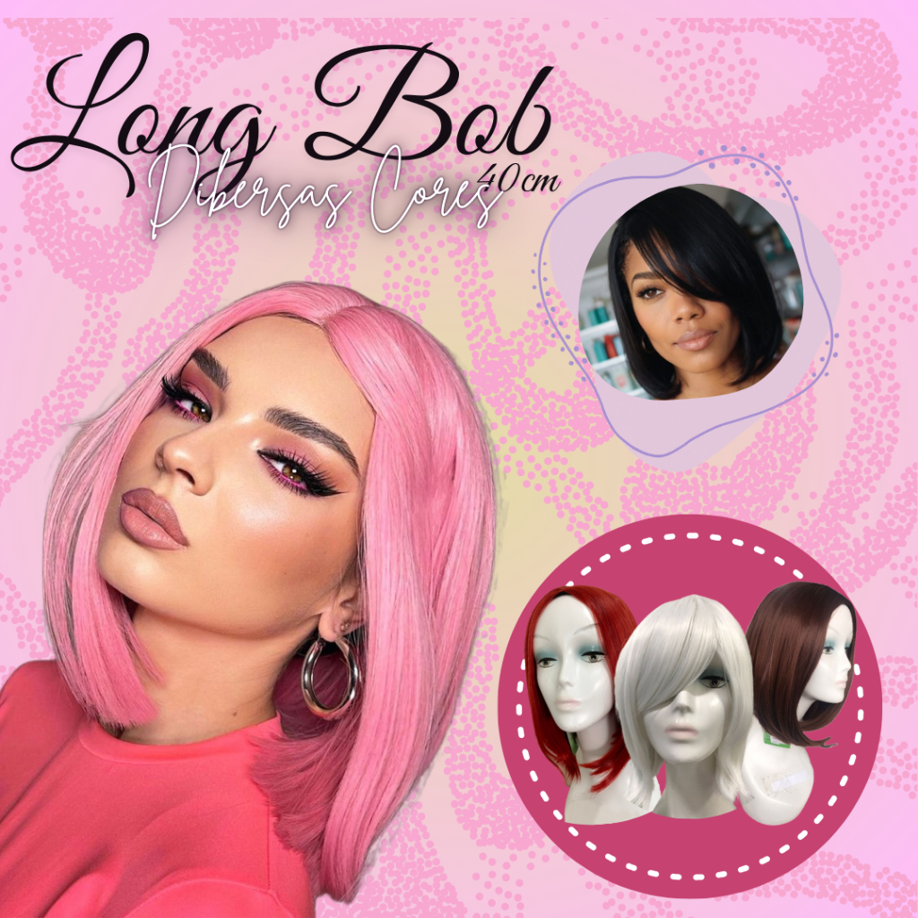 Peruca Curta Diversas Cores Cosplay Halloween - Corte Long Bob 40cm com Bico