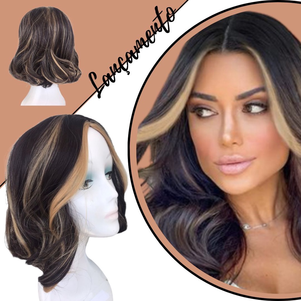 Peruca Tri Ondas Curta Corte Long Bob Com Mecha Frontal Fibra Bio Orgânica 35cm