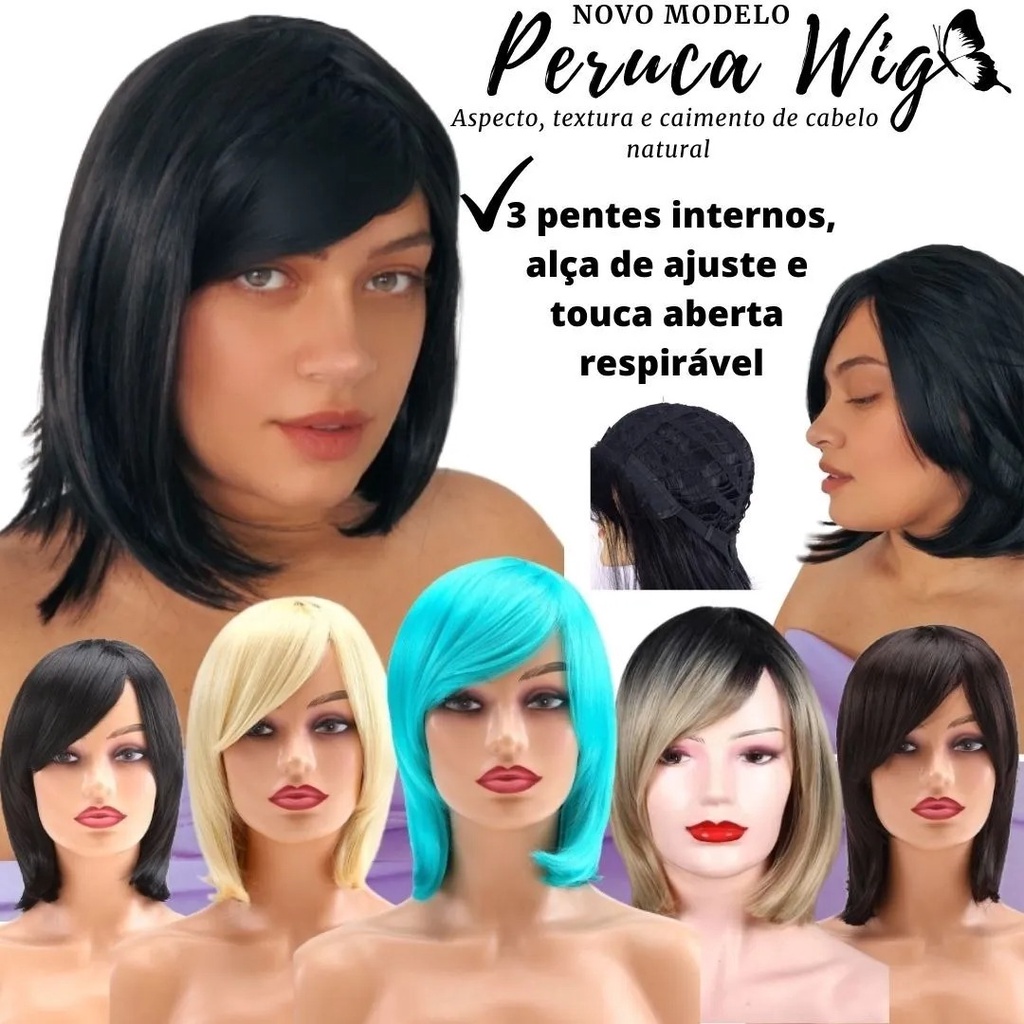 Peruca Long Bob 100% Orgânica Colocação Fácil Uso Diário + Touca Wig Cap