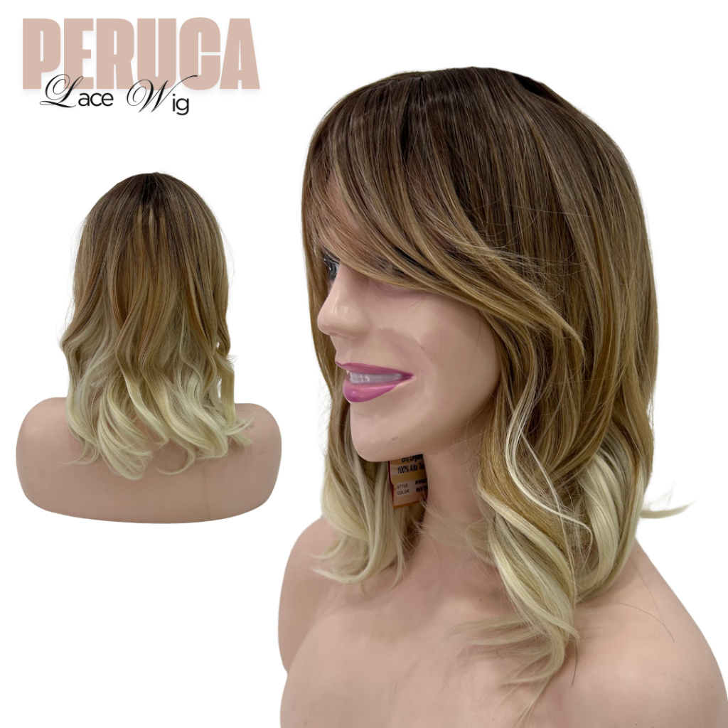 Peruca 100% Orgânica Long Bob Ondulada Fibra Premium 50cm
