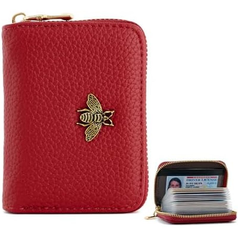 WOZEAH Leather Credit Card Holder for Women Wallet RFID Blocking Zipper Wallet Card Case Business（Red）