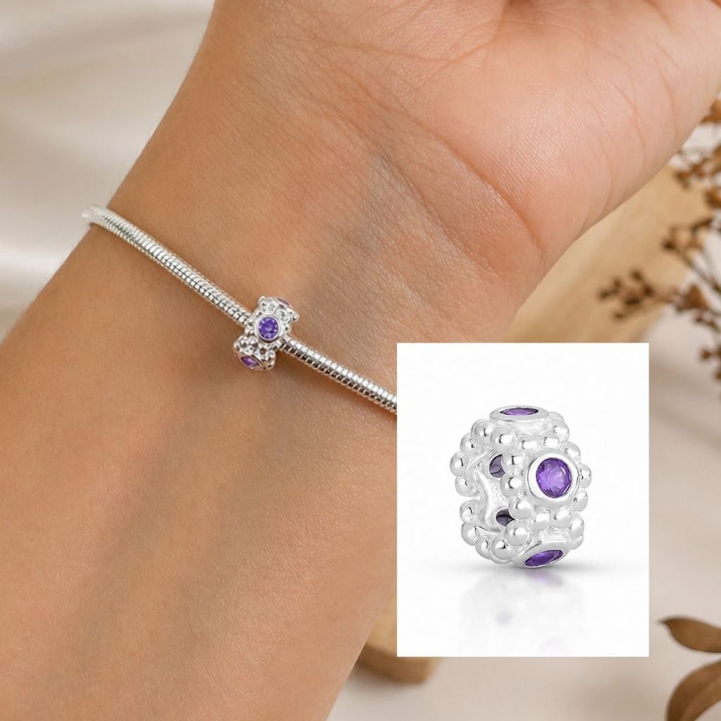 Berloque Separador Charm Pingente Luxuoso Zircônia Lilás e Cravejado Para Pulseira Feminina Delicado