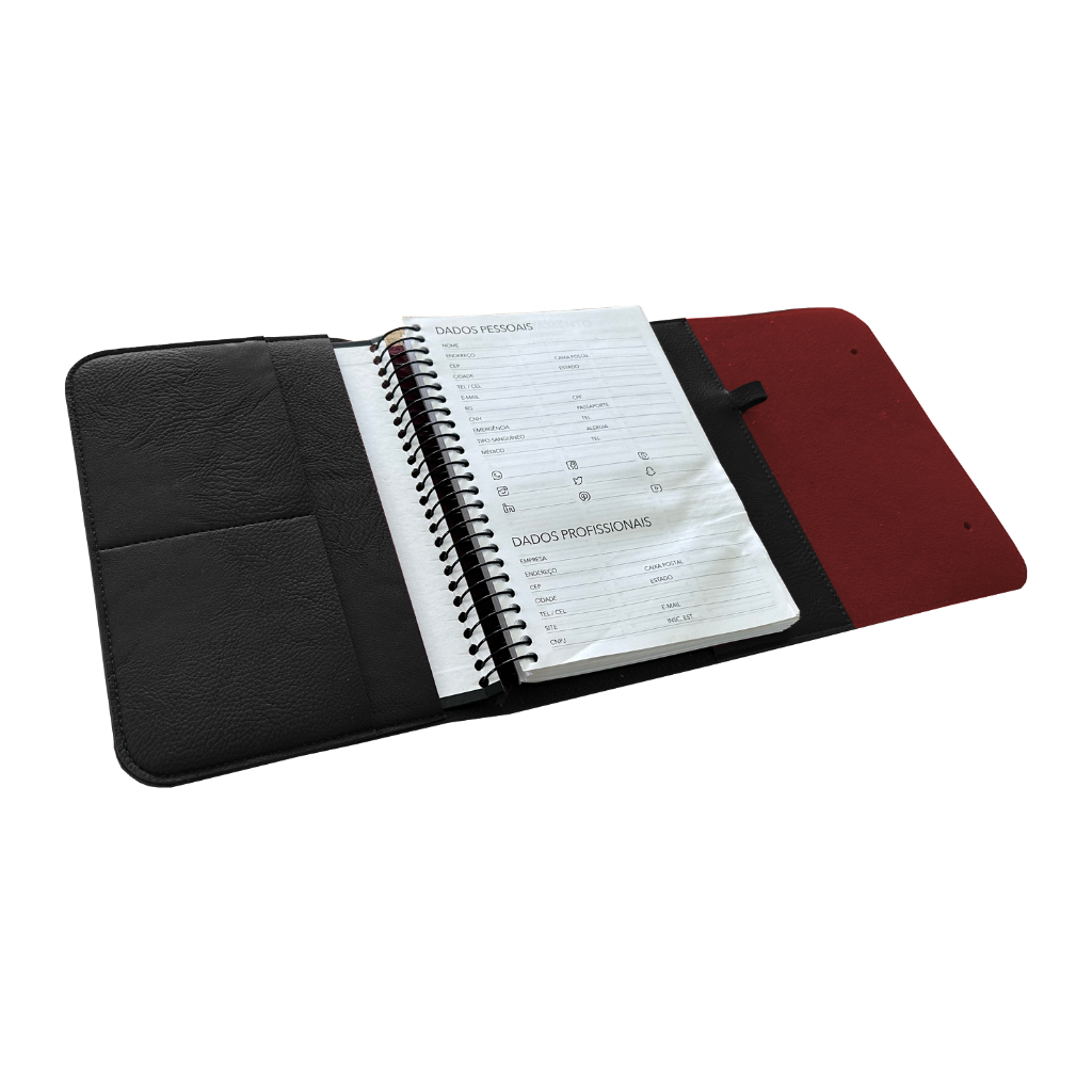 Capa para Caderno ou agenda em Couro Ecológico Preto Vermelho