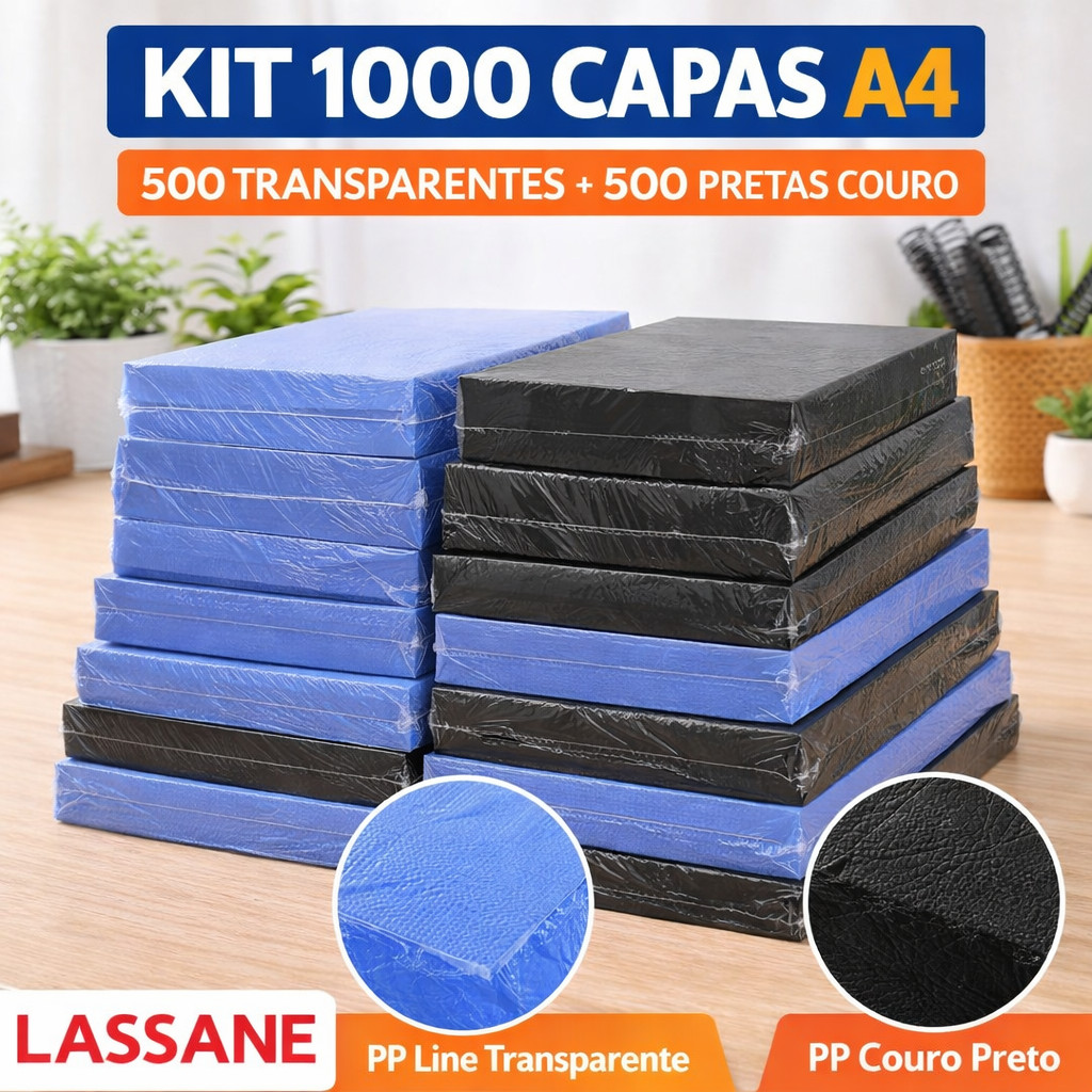 KIT 1000 Capas para Encadernação A4 – 500 Transparentes + 500 Pretas Couro | PP 0,25mm LASSANE
