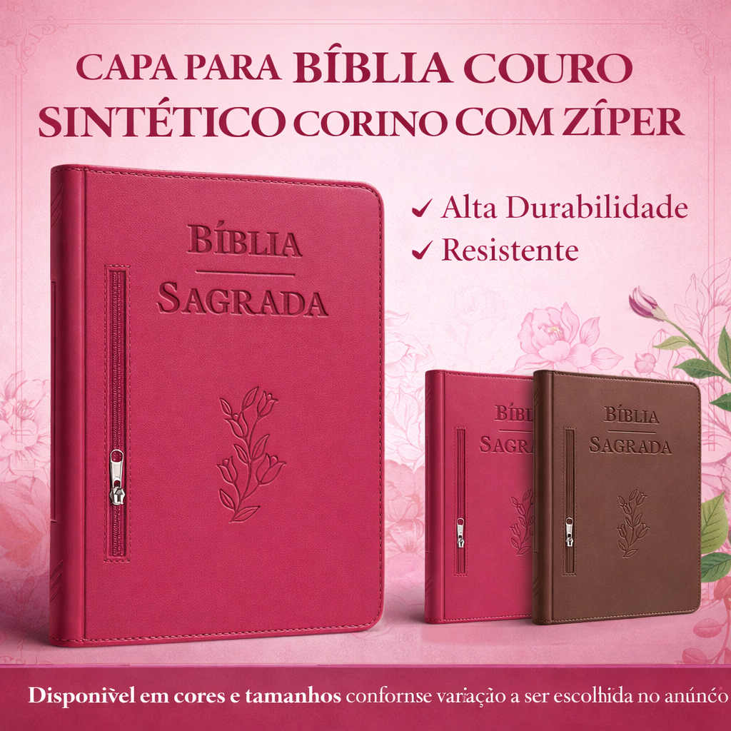 Capa Para Bíblia Couro Sintético Corino Luxo Com Zíper E Bolso Resistente Reforçada Protetora Média