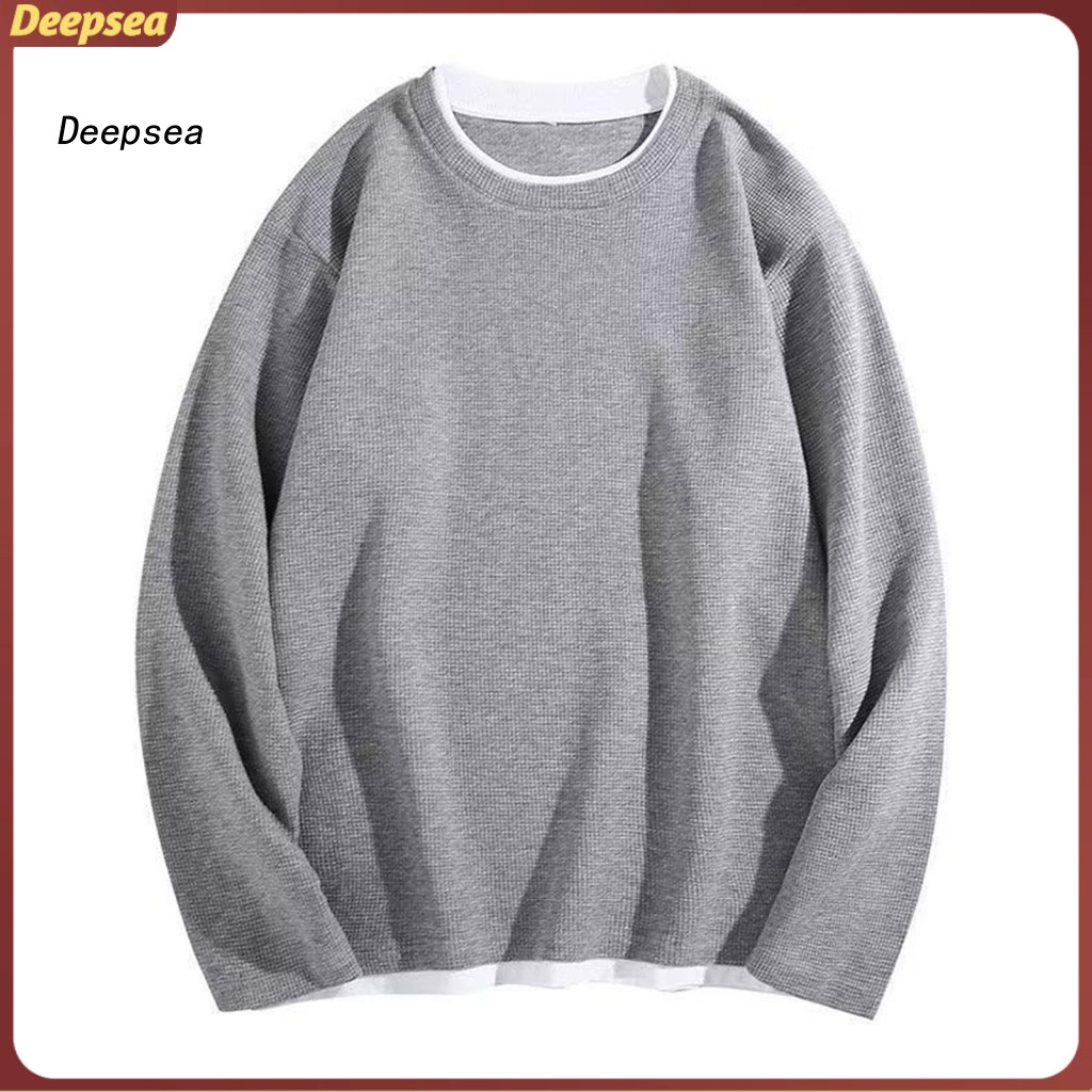 Men's Casual Two-piece Look Waffle Sweatshirt Long Sleeve Loose Pullover for Spring Autumn Daily Wear Comfortable Street