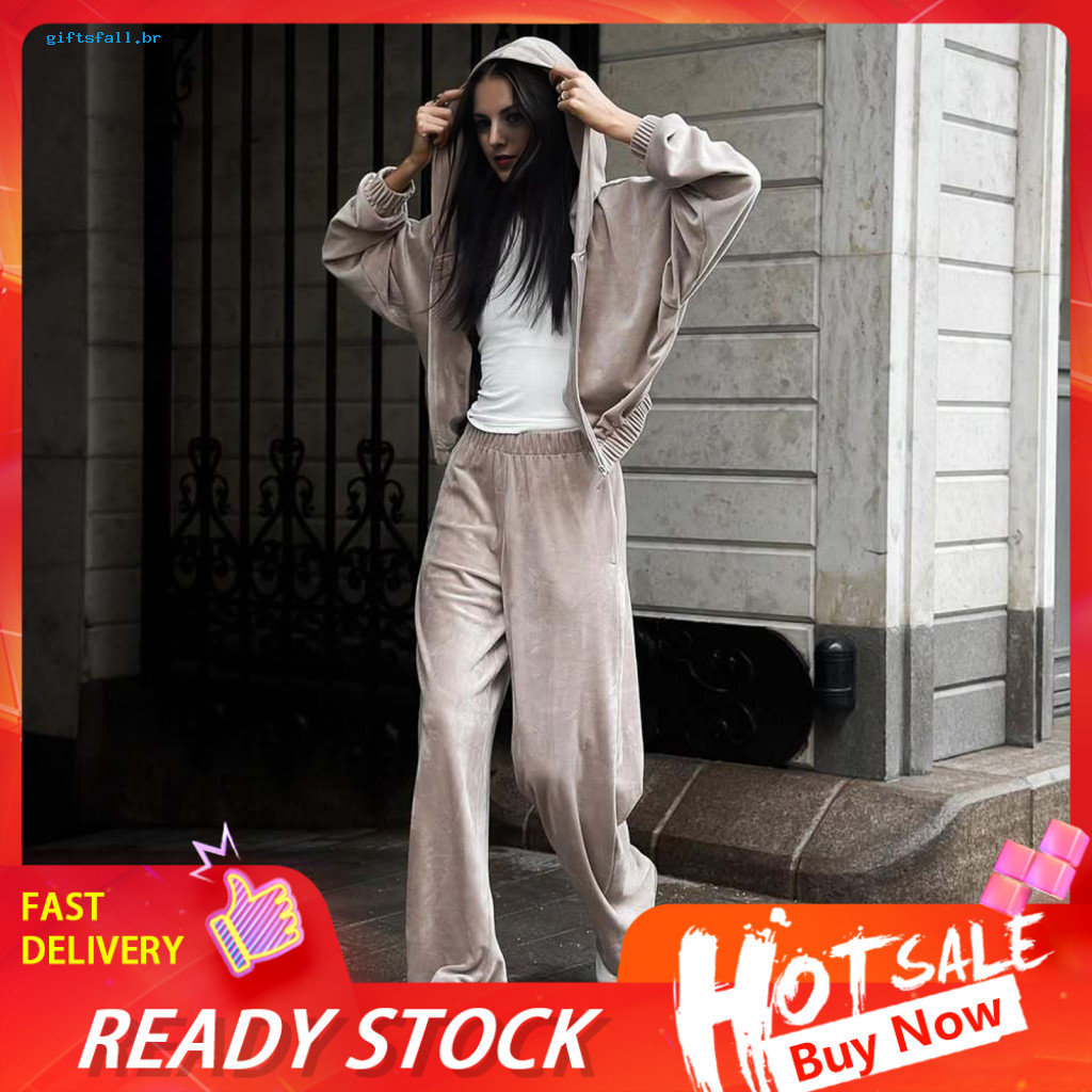 Comfortable Spring and Autumn Outfit Women Polyester Tracksuit Set Women’s 2-piece Velour – Full Zip Hoodie Wide Leg