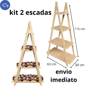 KIT 2 Escadas Decorativa Escadinha Festa Mdf Cru Desmontável 4 Andares