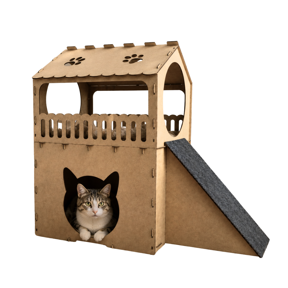 Toca Casa Para Gato 2 Andares Mdf Cru Com Rampa Arranhador