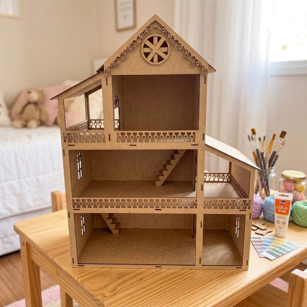 Casinha de Boneca barbie MDF Cru 60cm 3 Andares Desmontada Para Pintar Brinquedo Educativo