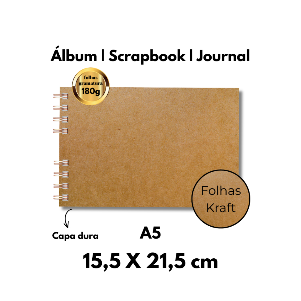 Álbum Scrapbook A5 médio Capa dura Kraft 21,5 x 15,5cm recordações memória afetiva