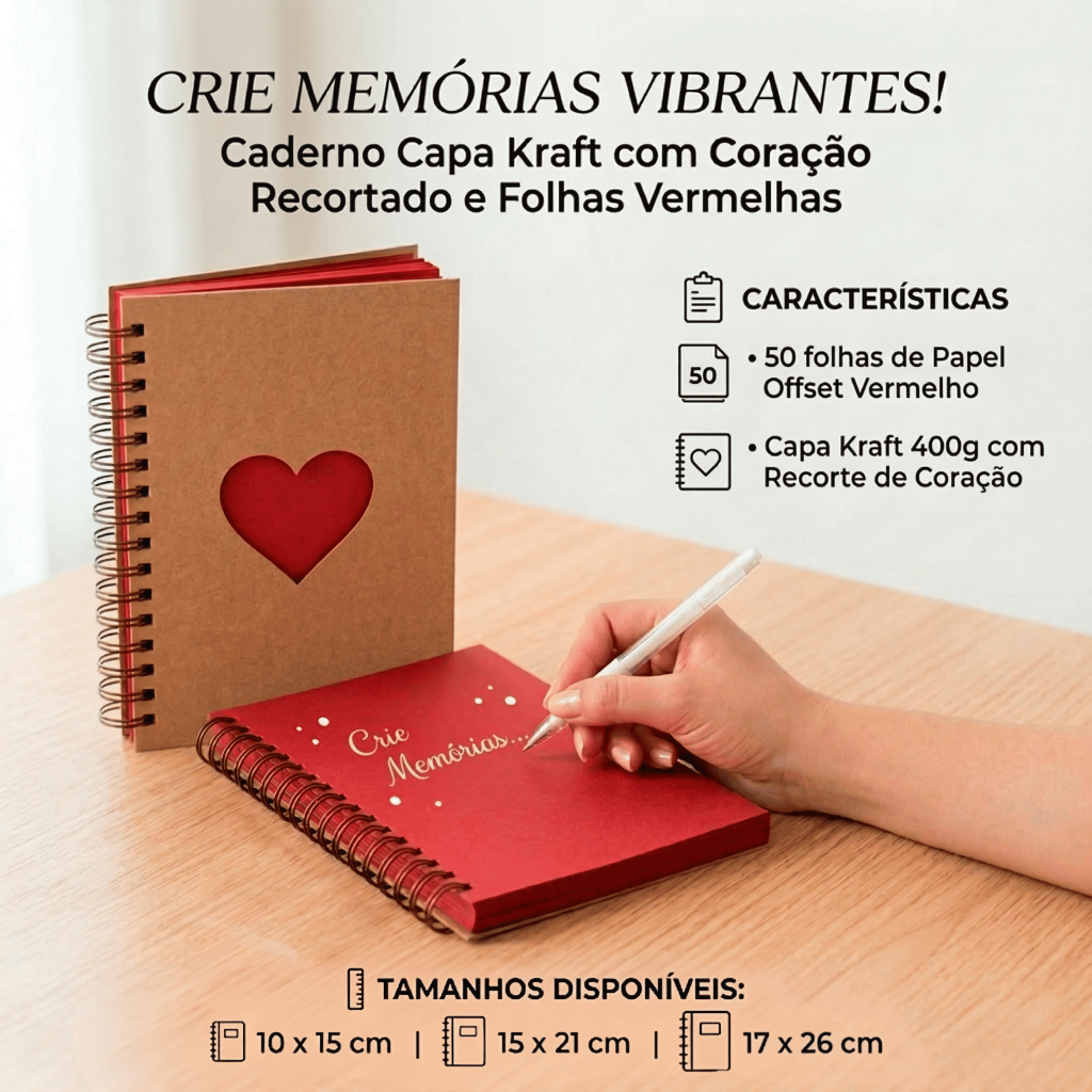 Caderno Capa Kraft com Recorte de Coração Folha Vermelha Scrapbook Anotações