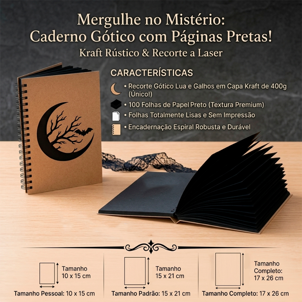 Caderno Capa Kraft Gótico com Recorte Folha Preta Scrapbook Anotações