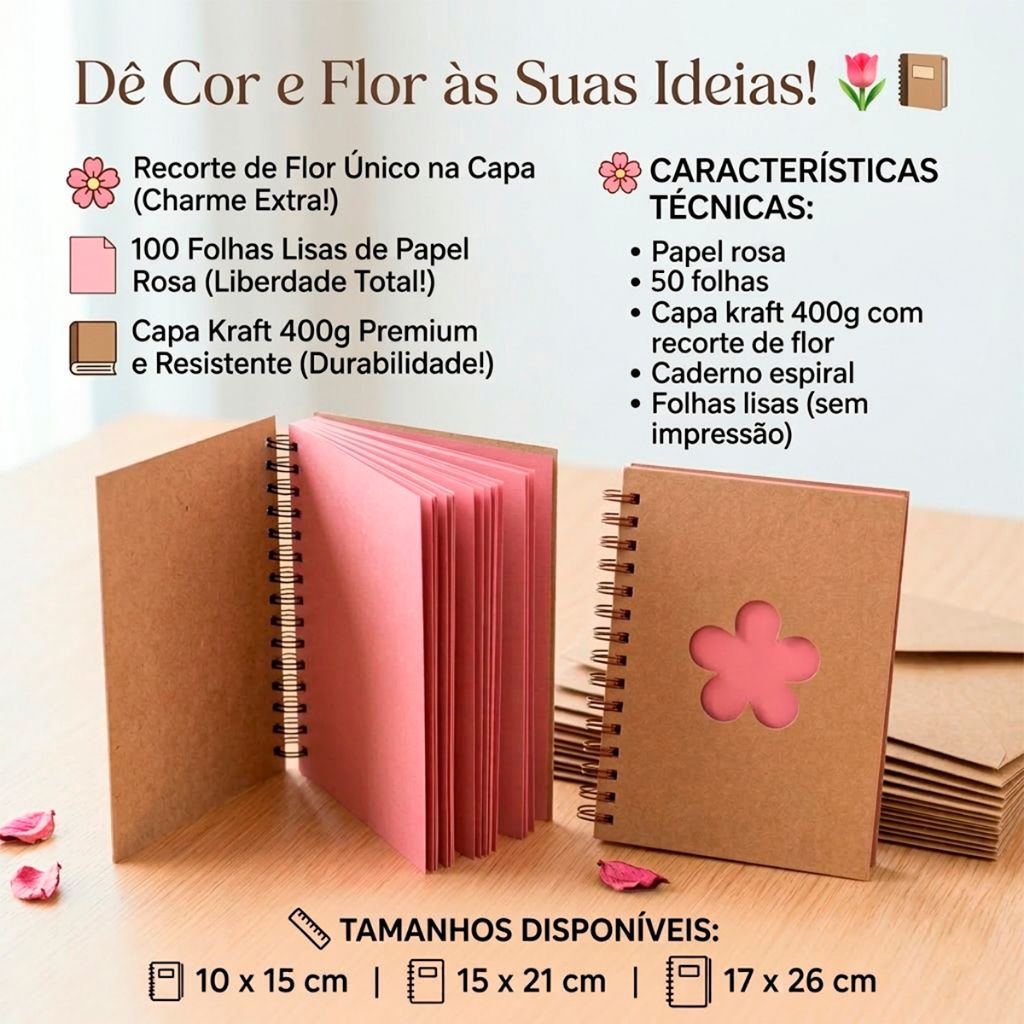 Caderno Capa Kraft com Recorte de Flor Folha Rosa Scrapbook Anotações