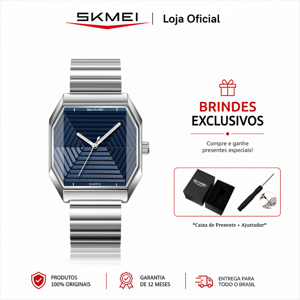 SKMEI 9393 Relógio Masculino Analógico de Quartzo Quadrado Pulseira de Aço Mostrador Texturizado 3ATM
