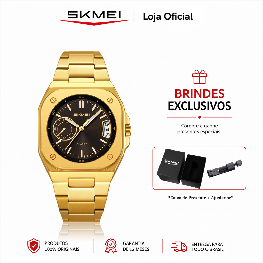 SKMEI 2572 Relógio Masculino Analógico de Quartzo Pulseira de aço inoxidável Resistente à água 3ATM com Data