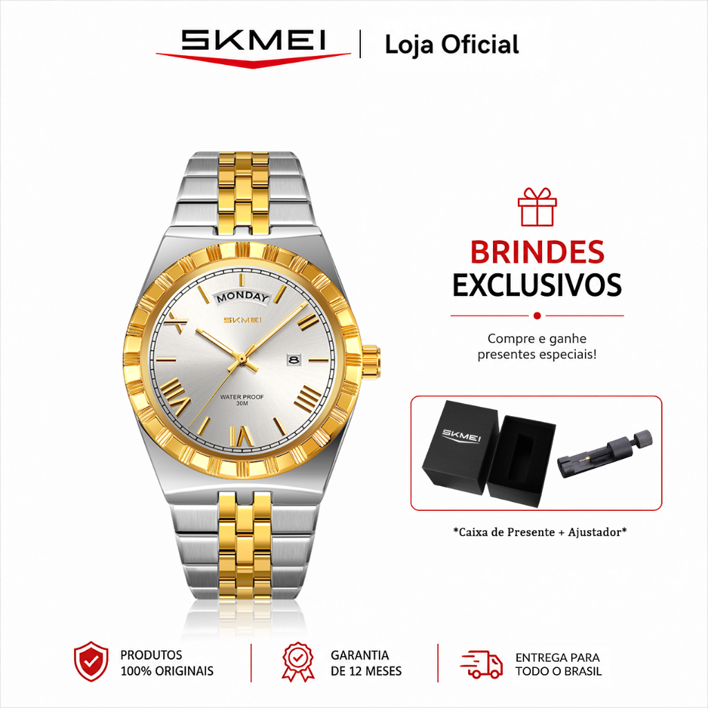 SKMEI 9411 Relógio Masculino Analógico Quartzo Aço Inoxidável Calendário 3ATM Elegante para Negócios